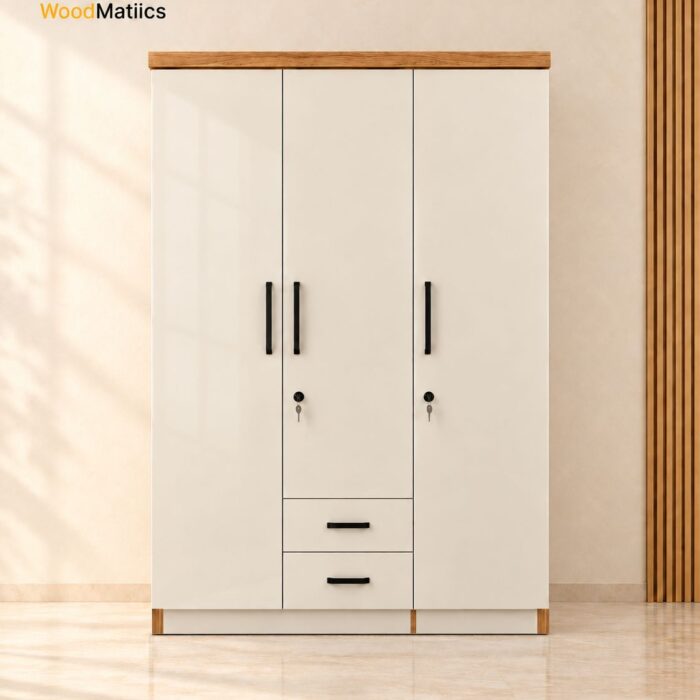 Ivory 3-Door Wardrobe with Warm Wood Interior & Central Drawer Unit