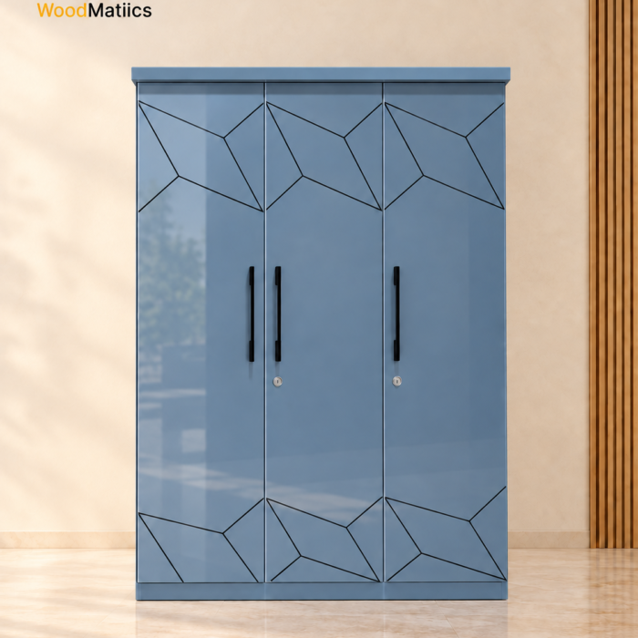 Contemporary Blue 3-Door Wardrobe with Lock & Multi-Zone Storage