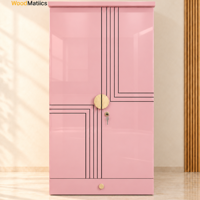 Pink 2-Door Wardrobe with Lock, Drawer & Hanging Storage