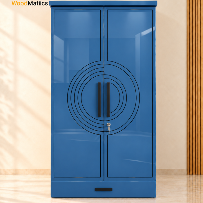 Modern Blue 2-Door Wardrobe with Lock, Drawer & Hanging Storage