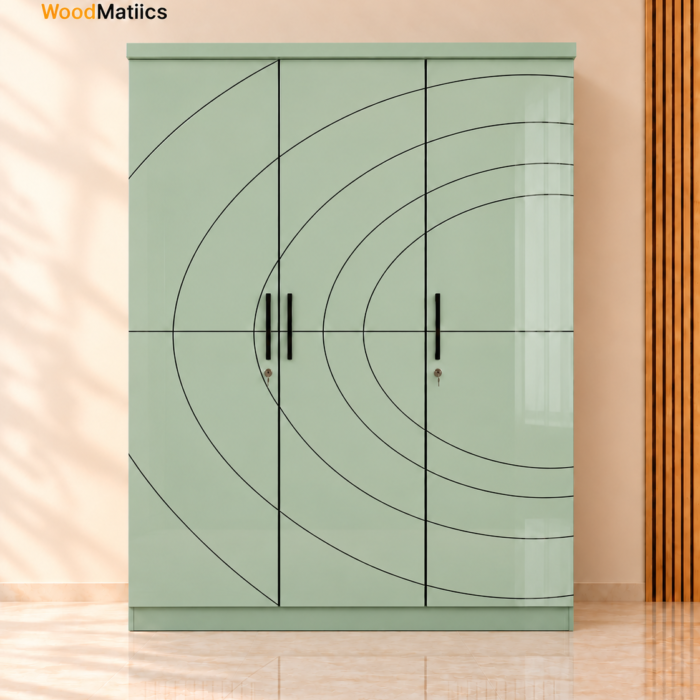 Green 3-Door Wardrobe with Flowing Arc Pattern & Open Side Shelving