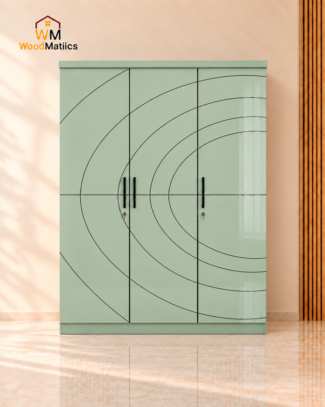 Green 3-Door Wardrobe with Flowing Arc Pattern & Open Side Shelving