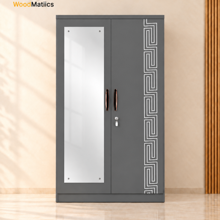 Modern 2-Door Steel Wardrobe with Mirror, Shelves & Lock – Dark Grey