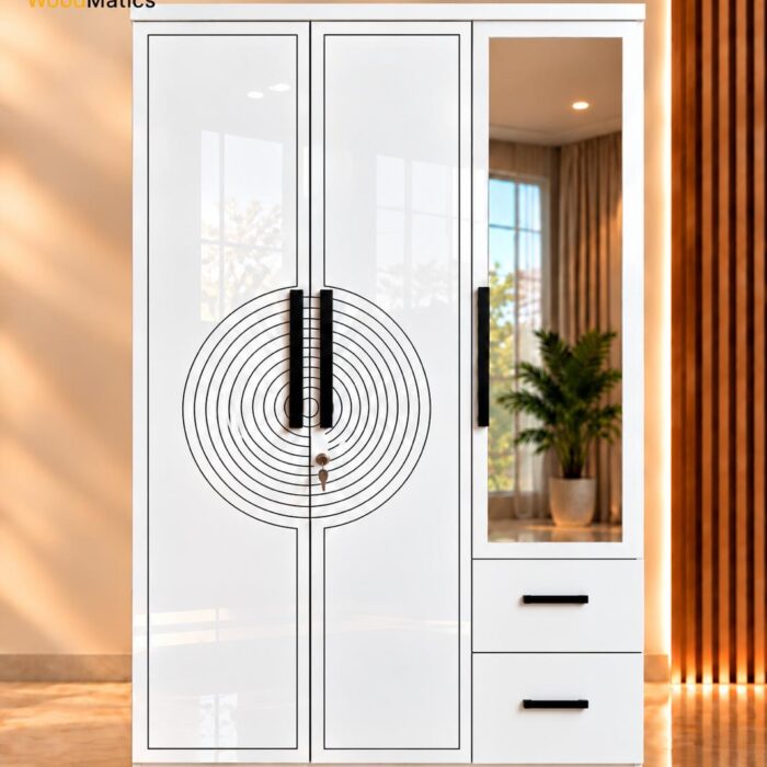 White 3-Door Wardrobe with Mirror Panel, Circular Detail & Twin Drawers