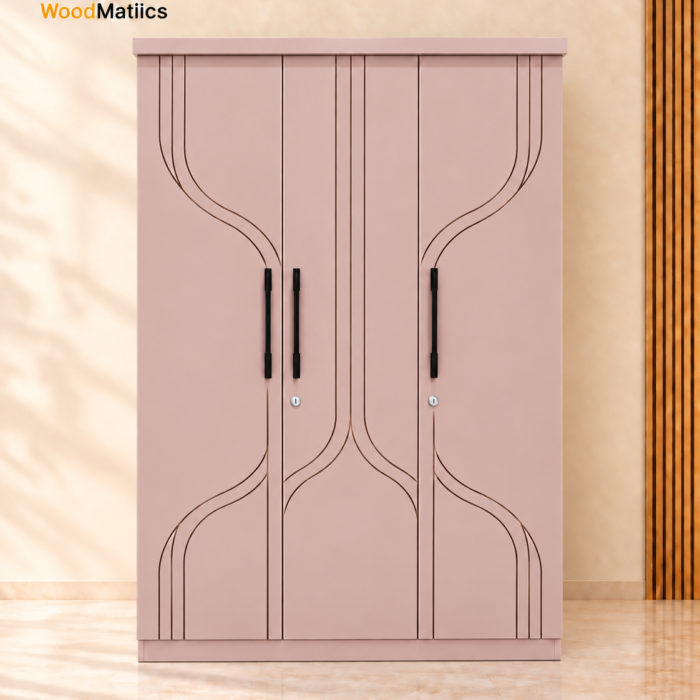 Blush Pink 3-Door Wardrobe with Sculpted Curves & Dual Storage Zones