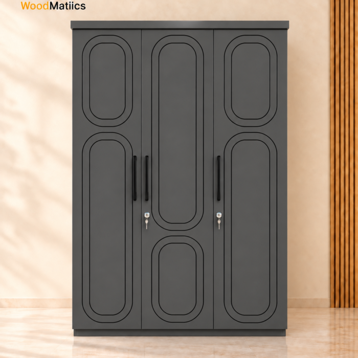 Charcoal 3-Door Wardrobe with Arch-Panel Detailing & Smart Storage