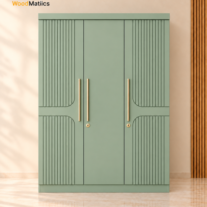 Sage Green 3-Door Wardrobe with Fluted Panels & Dedicated Shoe Storage